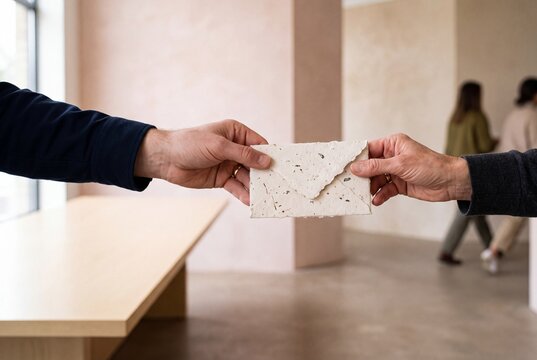 Close-up of two people exchanging a handmade textured paper envelope in a bright modern office interior