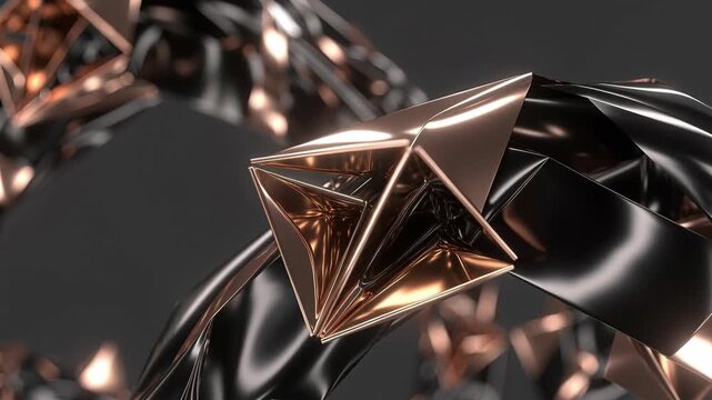 Faceted rose gold geometric crystal with glossy black metallic ribbons, abstract luxury design on a dark background