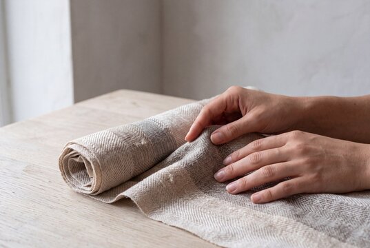 Woman hands rolling up a handmade natural linen woven fabric on a wooden table in bright artisan studio