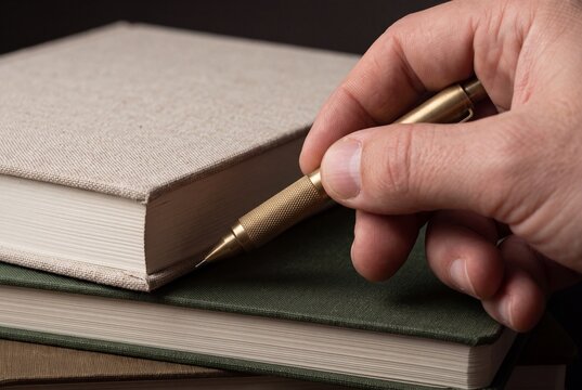 Person holding a vintage brass mechanical pencil over a stack of clothbound hardcover notebooks on a desk