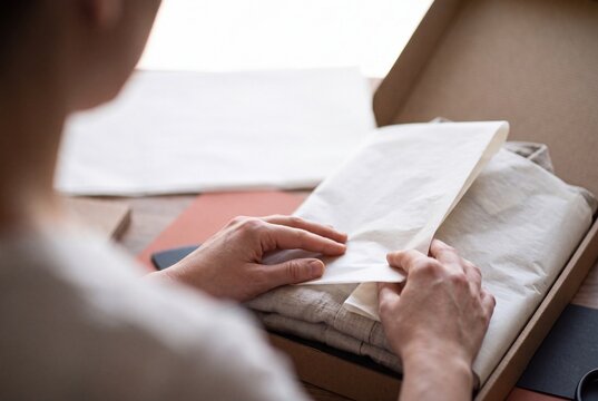 Close up of hands carefully wrapping folded linen clothing in tissue paper inside a cardboard box for shipping an online order