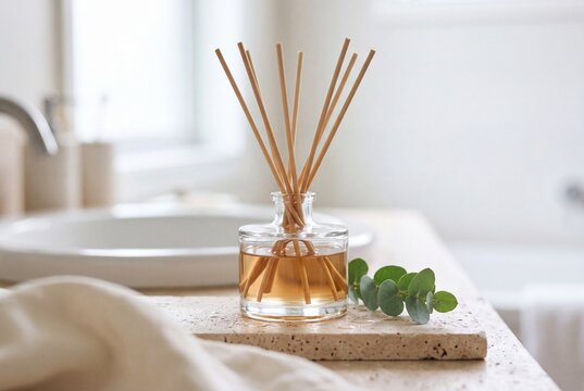 Aroma reed diffuser with wooden sticks and eucalyptus branch placed on a stone tray in a modern bright bathroom