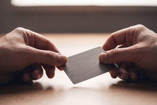 Close-up of hands exchanging a blank metallic business card or credit card mockup over a wooden desk