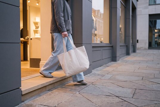 Person carrying a blank canvas tote bag while stepping out of a retail boutique store onto the city sidewalk