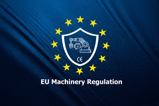EU Machinery Regulation text and icons on blue river background.