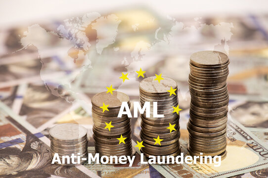 AML text on wood and icons on money background.
