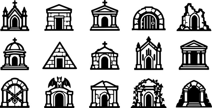 Gothic mausoleum crypt and tomb building outline icons
