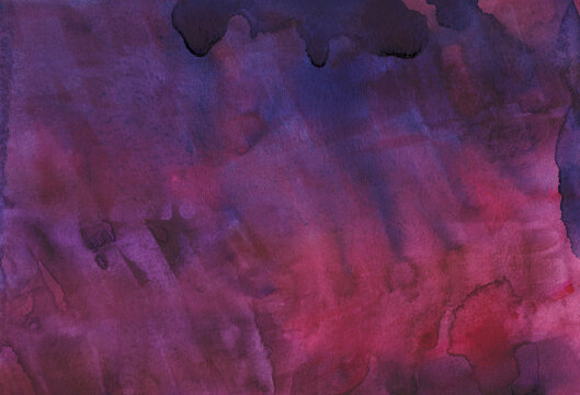 Hand painted watercolor background deep purple and pink with stains on paper showcasing aquarelle art
