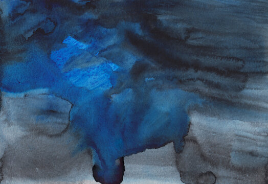 Watercolor background featuring deep blue tones and artistic stains on paper