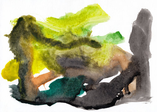 Hand painted watercolor background with artistic stains on paper created using aquarelle techniques