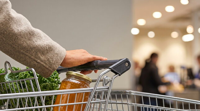 Customer hand resting on shopping cart handle inside supermarket