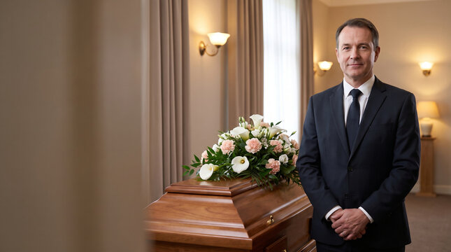Funeral director standing respectfully beside wooden casket