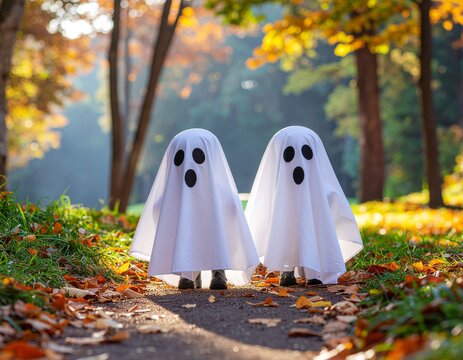 紅葉の公園で白いシーツのおばけに変身した子供たち（ハロウィン, コスプレ, 仮装, 秋, 紅葉, お化け, ゴースト, 兄弟, 素材） / Two kids in ghost costumes in autumn park