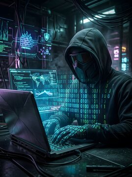 Hacker in a hoodie typing on a laptop with glowing computer code screens