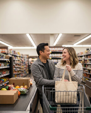 Adult couple chatting while waiting in supermarket register queue