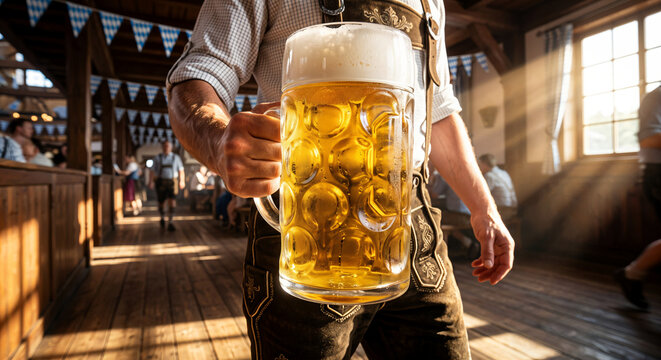 Man in traditional Bavarian clothing carrying an oversized beer stein through a sunlit Oktoberfest beer hall