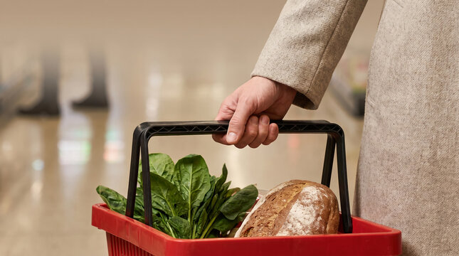 Hand gripping textured shopping basket handle inside supermarket