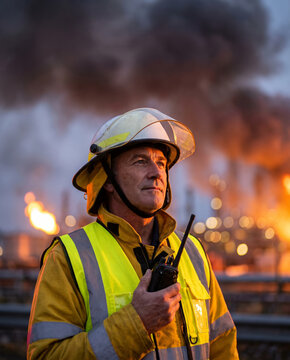 Incident commander coordinating response to industrial oil fire