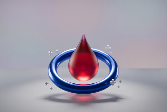 Red glass blood drop floating inside blue diabetes awareness ring