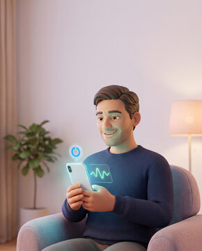 Smiling 3D man monitoring a health graph on his smartphone