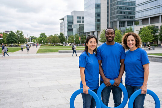 Diverse volunteers holding blue diabetes awareness circles outdoors