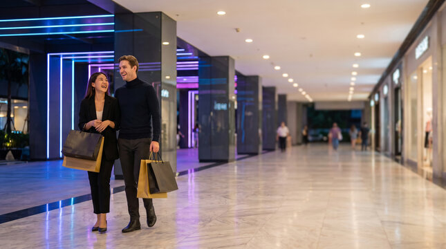 Stylish couple laughing with shopping bags on modern retail promenade