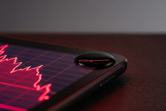 Crude oil droplet beside falling market chart on digital tablet