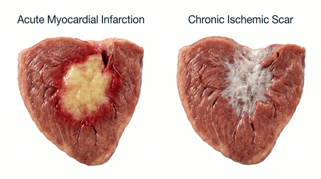 Acute Myocardial Infarction vs Chronic Ischemic Scar: Heart Attack Pathology 3D Illustration