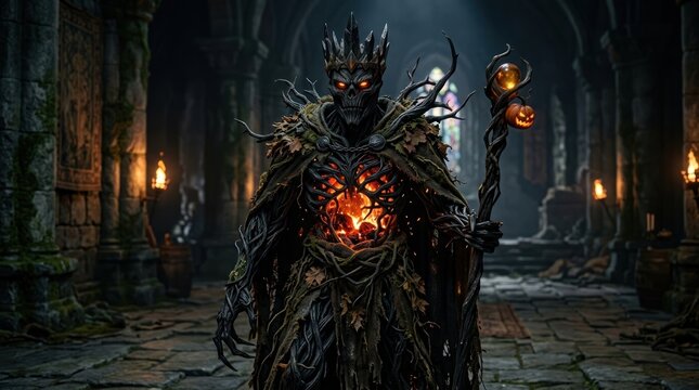 Skeletal king with glowing core in dark gothic cathedral
