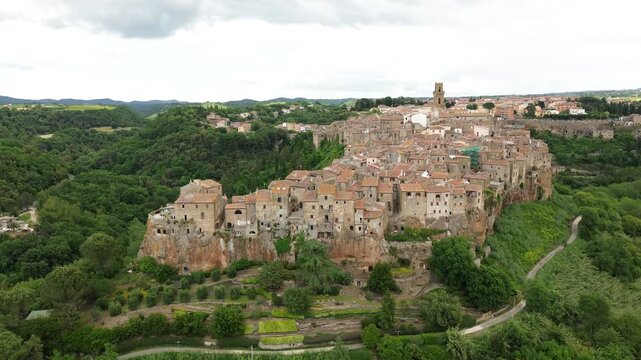 Aerial View of Pitigliano Hilltop Town on Tuff Cliffs - Tuscany, Italy
