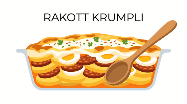  Colorful Hungarian rakott krumpli with layered potatoes, sliced sausage, boiled eggs, creamy sour cream, and baked golden topping, isolated on a clean white background. Modern flat vector for Hungari