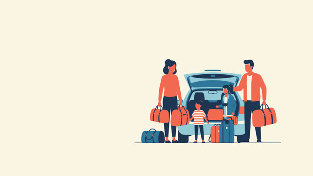 Minimalist vector illustration of a happy family packing luggage and suitcases into an open car trunk for a summer road trip vacation journey.
