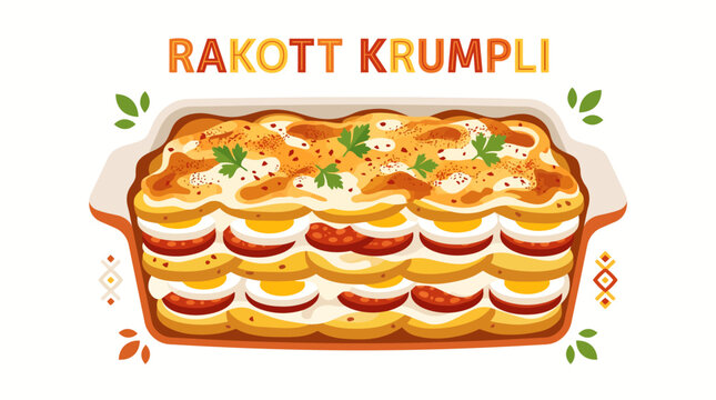  Colorful Hungarian rakott krumpli with layered potatoes, sliced sausage, boiled eggs, creamy sour cream, and baked golden topping, isolated on a clean white background. Modern flat vector for Hungari