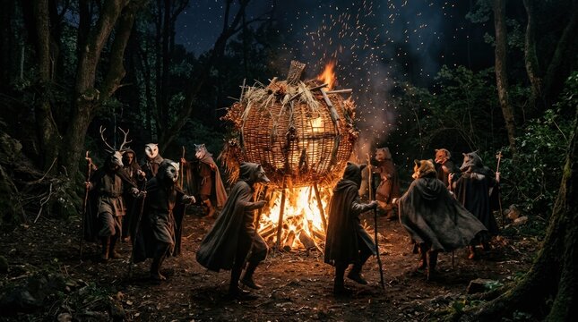 Group of people in animal masks dancing around a bonfire.