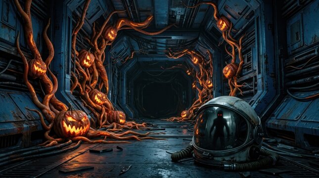 Futuristic spaceship hallway overtaken by bio-organic pumpkin vines.