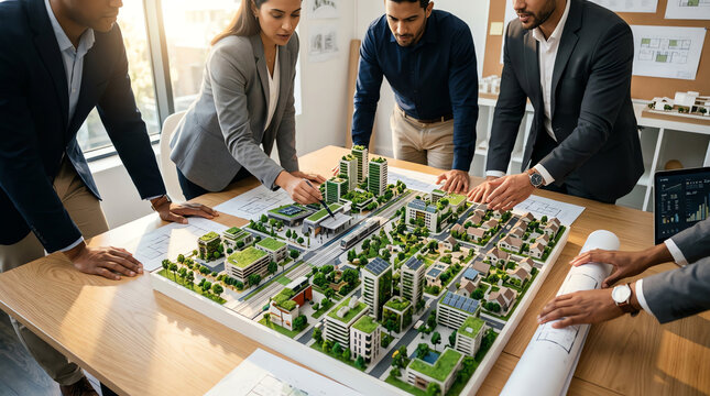 Business team reviewing a sustainable city urban planning model with green building