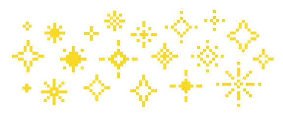 Plakat Pixel star retro icon. Pixel sparkling golden stars. 8 bit retro style. Graphic game design element. Shiny sparks. Magic glitter sign. Vector illustration isolated on white background