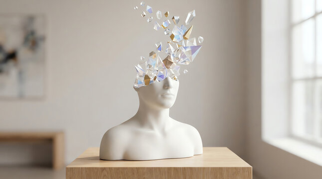 Abstract white human head bust with exploding geometric crystal fragments