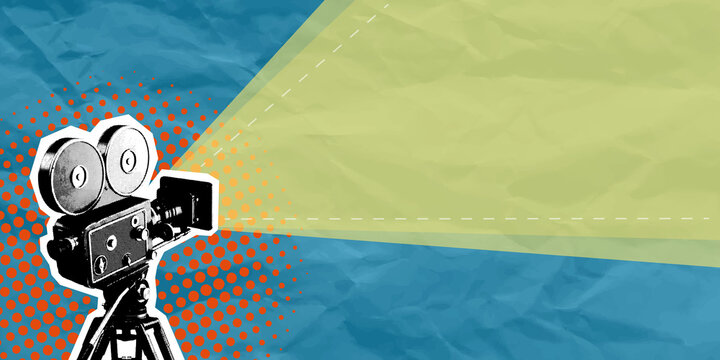 A surreal pop-art halftone collage depicting a vintage movie projector casting a beam of light onto crumpled blue paper. A banner template for a retro film festival and cinema, with space for text.