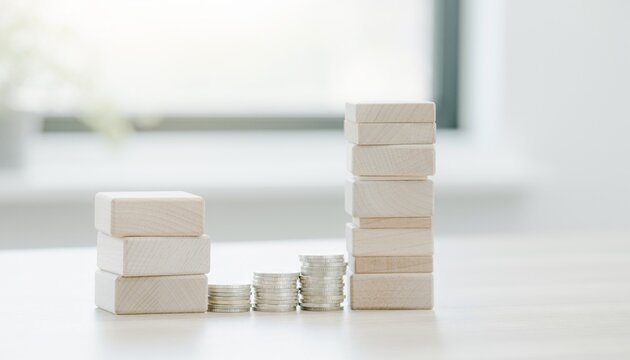 Wooden block towers and coins for profit margin comparison