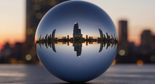 Glass crystal ball reflecting city skyline and modern skyscraper buildings at sunset with inverted panoramic view