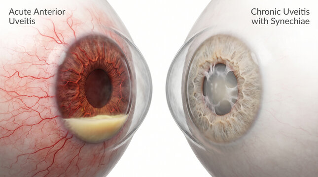Acute Anterior Uveitis vs Chronic Synechiae Eye Comparison