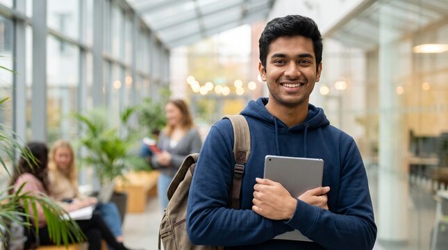 Young indian student smiling and carrying backpack and digital tablet in a modern university campus building