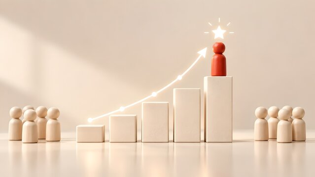 Red wooden peg figure standing on highest block with glowing star and upward arrow, representing leadership, outstanding achievement, business success, and career growth among a team.