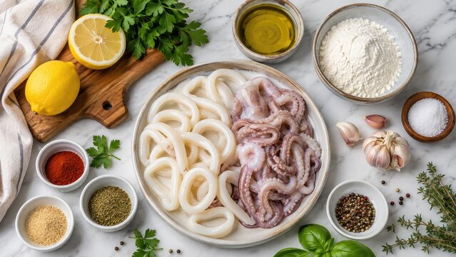 Raw calamari rings and baby octopus arranged with lemons, herbs, spices, flour and olive oil for cooking preparation on a marble surface