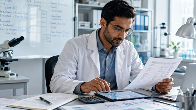 Male scientist in a lab coat studying documents and a tablet while calculating and reviewing data at a laboratory desk