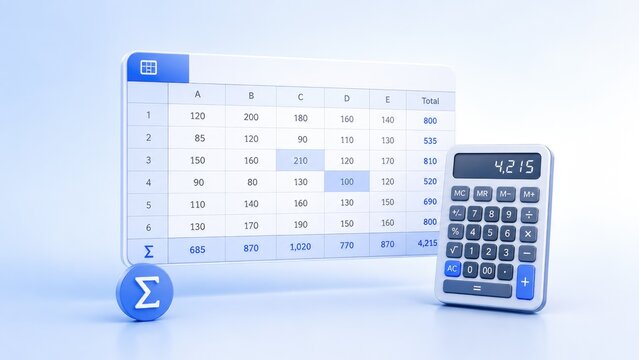 Blue-themed spreadsheet table with totals, sigma icon and calculator displaying 4215, representing accounting, budgeting and data analysis
