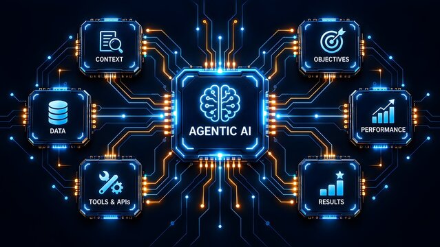 Futuristic agentic artificial intelligence concept showing a glowing central processor connected to data tools performance objectives and context modules