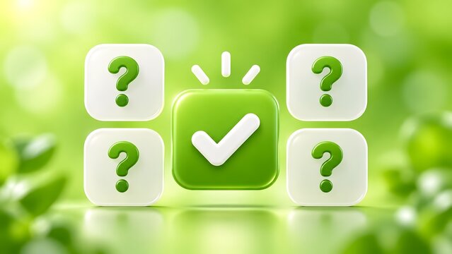 Concept of finding the right solution among many options showing a large glowing green checkmark surrounded by multiple question mark blocks