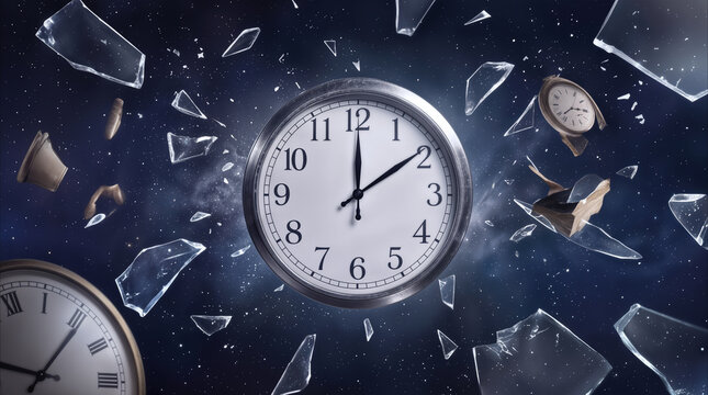 Analog clocks floating among shattered glass shards in deep space. Surreal concept of time distortion and cosmic entropy.